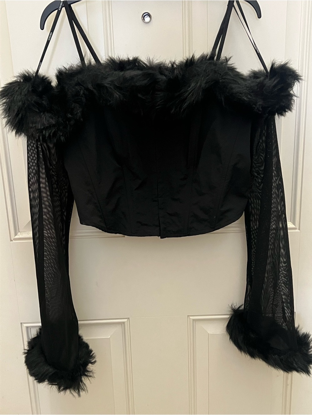Faux Fir Trim Goth, Whimsygoth, Grunge, Rave Open Shoulder Corset Top‎ Sz Medium